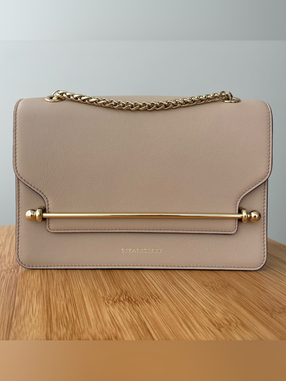 Strathberry East/West Leather Shoulder Bag (Oat with Gold Bar)